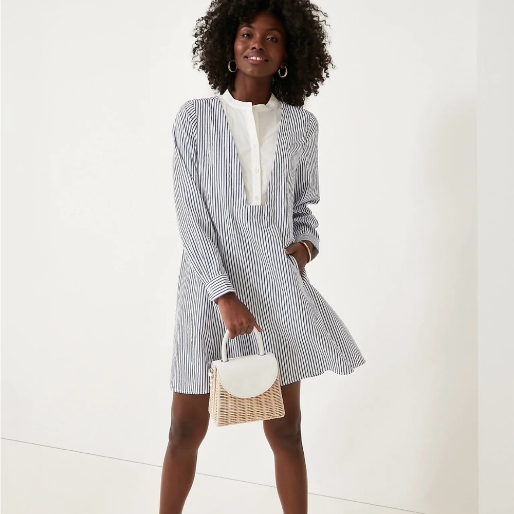 Pomander Place blue and white striped shirt dress.
